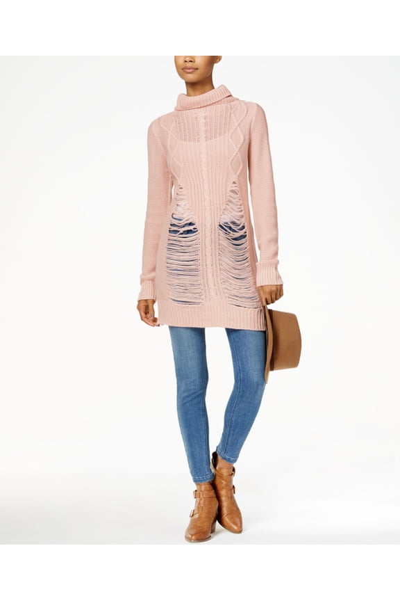 Juniors Ripped Turtleneck Tunic Sweater Rose Dust M