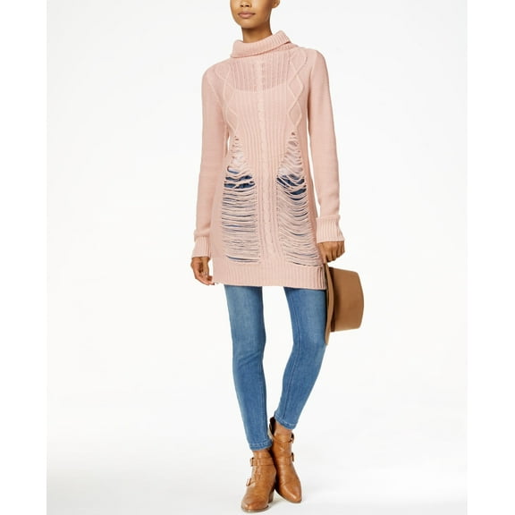 Planet Gold Juniors Ripped Turtleneck Tunic Sweater Rose Dust M