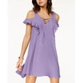 thumbnail image 1 of Planet Gold Juniors Ruffled Cold Shoulder High Low Shift Dress Lilac M, 1 of 1