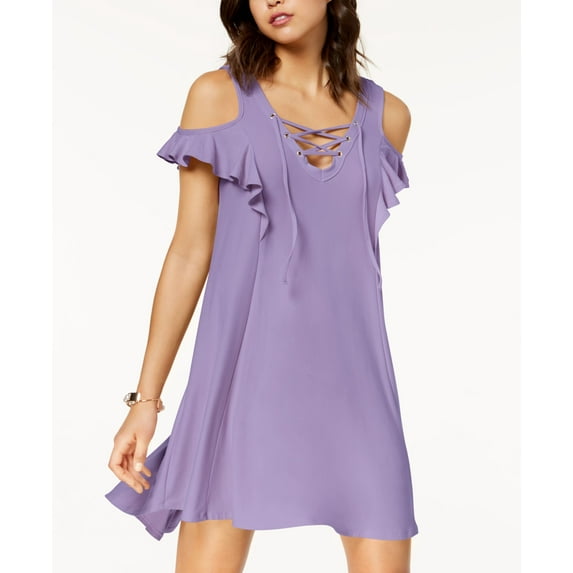 Planet Gold Juniors Ruffled Cold Shoulder High Low Shift Dress Lilac M