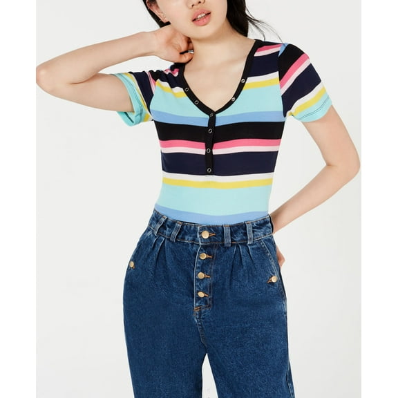 Planet Gold Juniors Striped V Neck Top Black Stripe XL