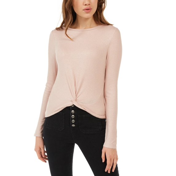 Planet Gold Juniors' Twist-Front Sparkly Ribbed Top Dark Pink Size Large