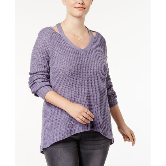 Planet Gold Trendy Plus Size Ribbed Cutout Sweater Dusk 3X