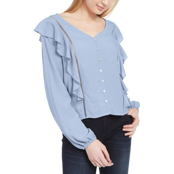 Planet Gold Womens Juniors Ruffled Jacquard Button-Down Top Blue S