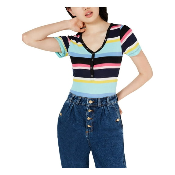 Planet Gold Womens Juniors Striped Snap Closure T-Shirt Black L