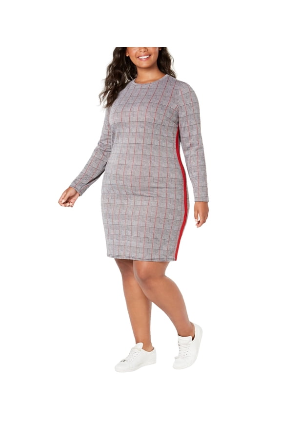 Womens Plaid Bodycon Dress, Red, Plus Size, 2X