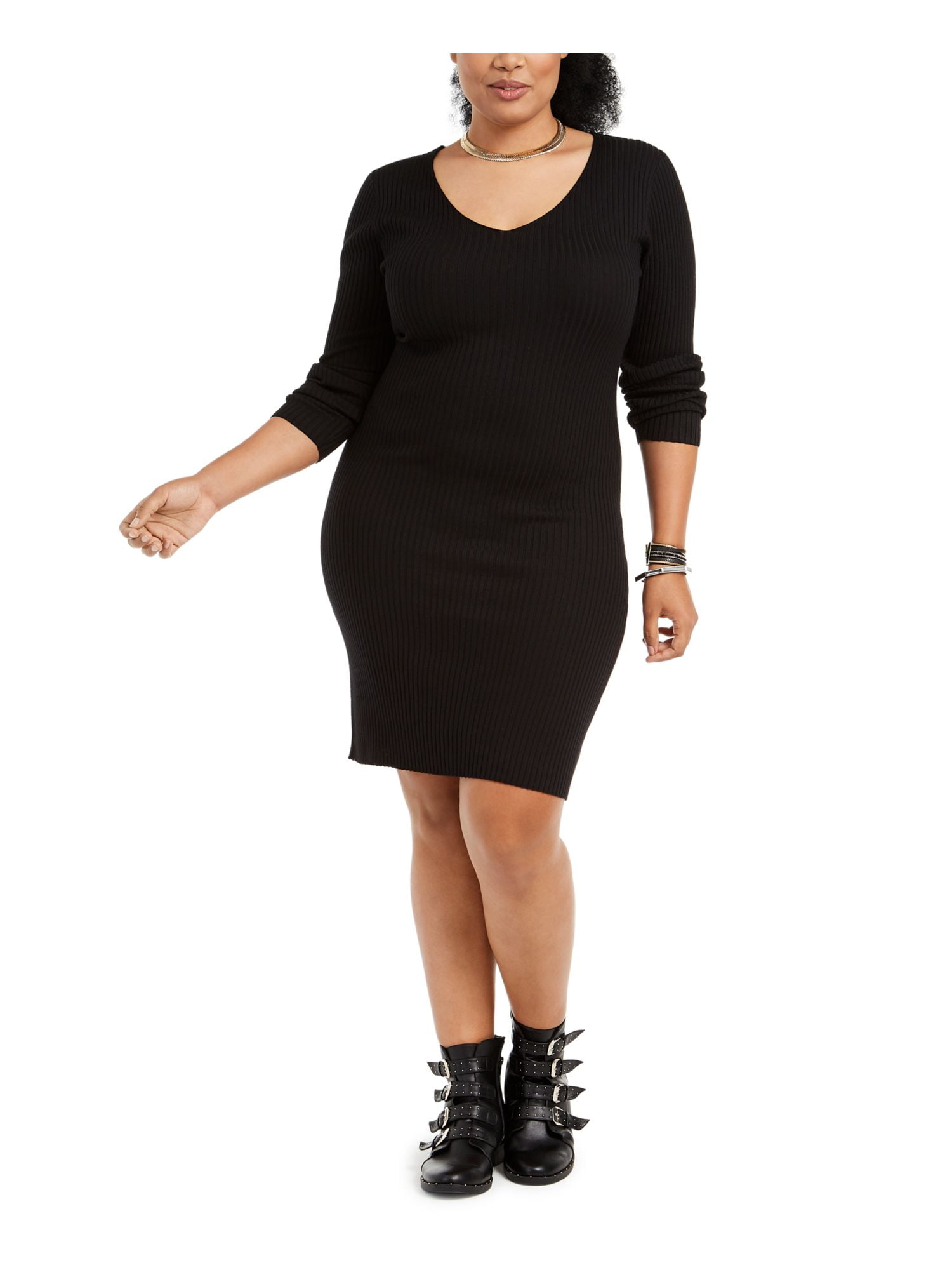 slim fit dress slacks Roanne Long Dress - Gold Noir Black Rib Knit Long Sleeve Midi Dress