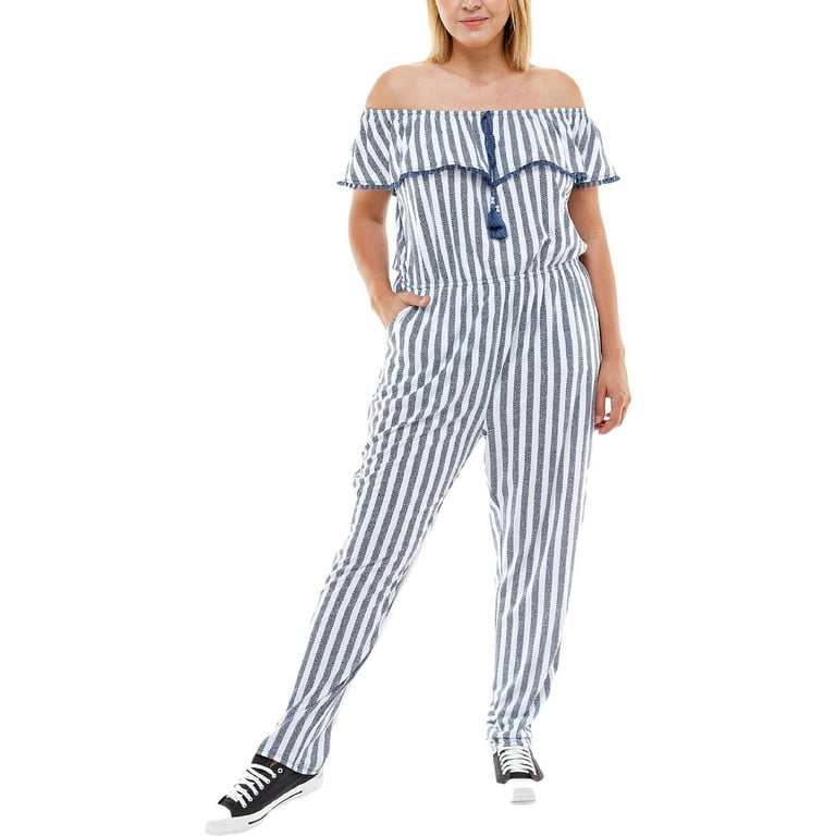 Planet Gold Womens Plus Striped Drapey Jumpsuit White 1X