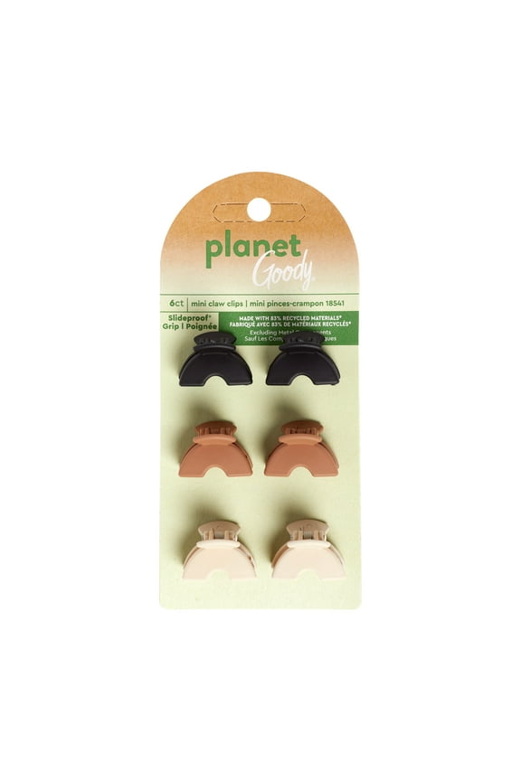 Planet Goody Slide Proof Mini Recycled Claw Clips, All Ages, Neutral Assorted Colors, 6 Ct