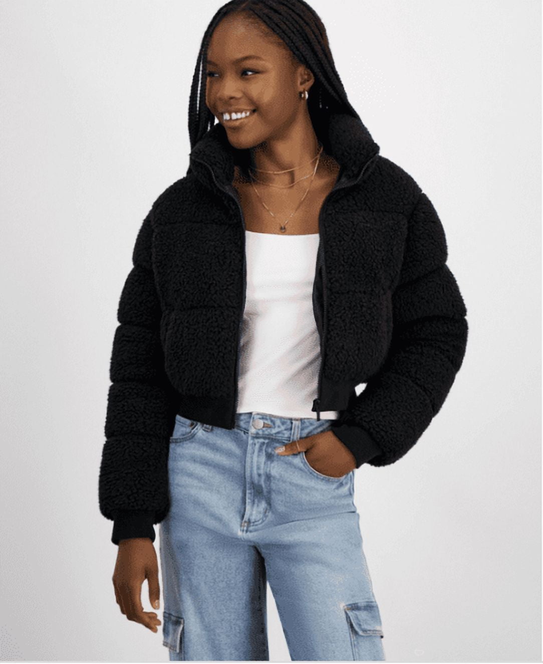 Planet Heart Juniors' Cropped Sherpa Puffer Jacket - Black Beauty