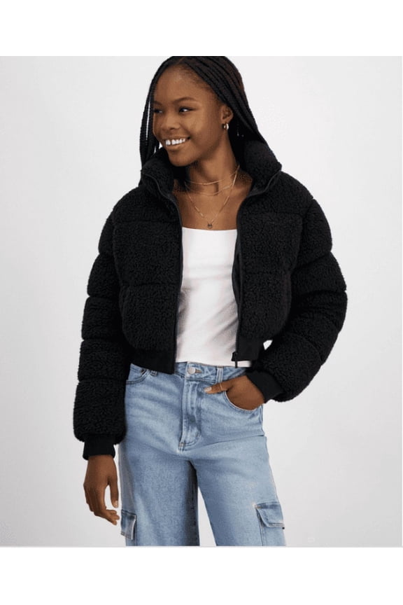 Juniors' Cropped Sherpa Puffer Jacket - Black Beauty