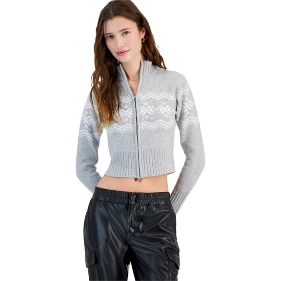PLANET HEART Womens Fair Isle Cropped Cardigan Sweater, Grey, Juniors, Large