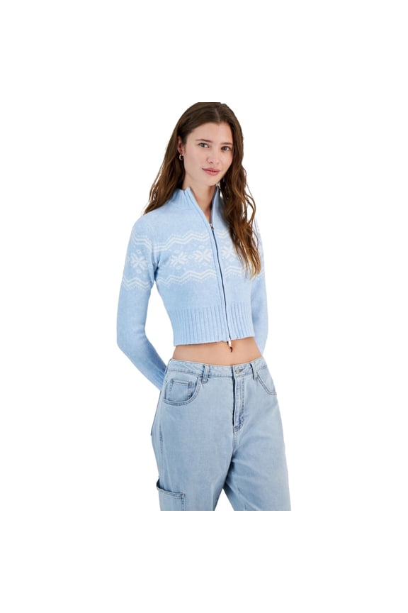 Womens Fair Isle Cropped Cardigan Sweater, Blue, Juniors, Large