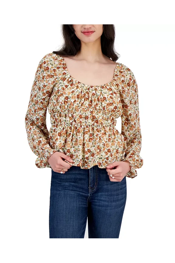 Juniors' Puffed-Sleeve Peplum-Hem Top