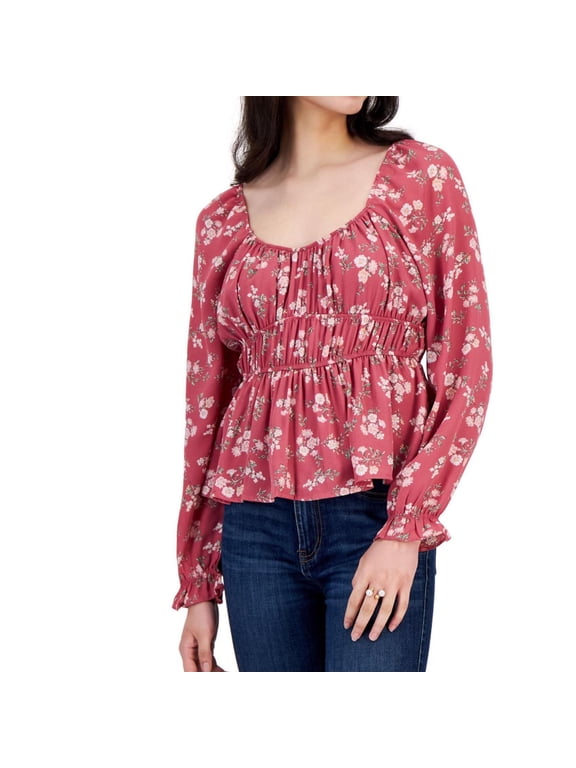 Womens Puff Sleeve Peplum Blouse, Multicoloured, Juniors, Large