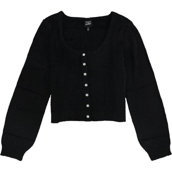 PLANET HEART Womens Rhinestone-Button Fuzzy Cardigan Sweater, Black, Juniors, Large