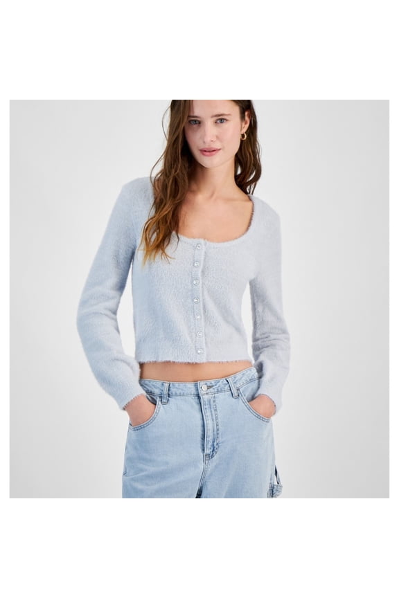 Juniors' Rhinestone-Button Fuzzy Eyelash Cardigan Sweater, Blue, M