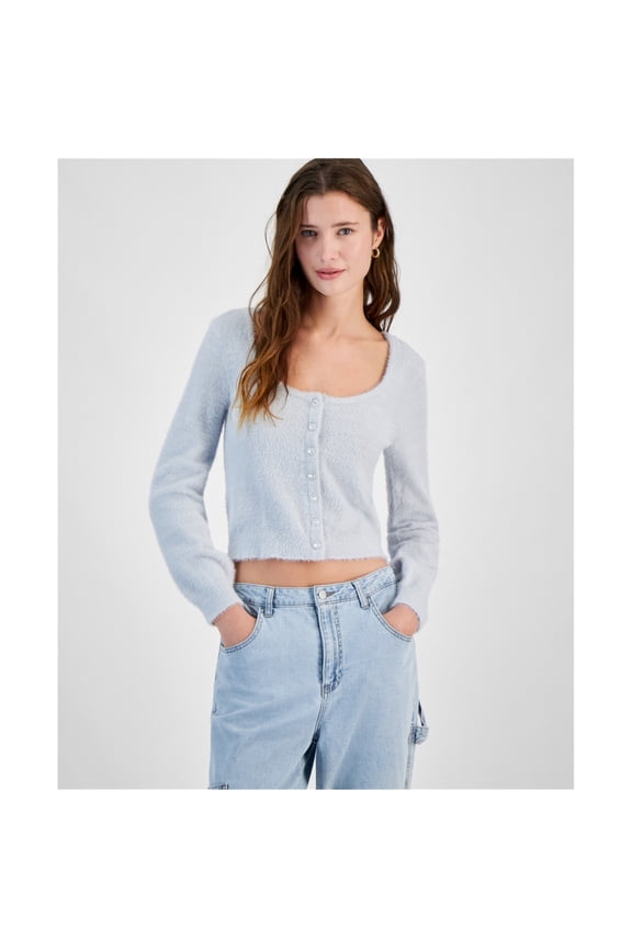 Womens Rhinestone-Button Fuzzy Cardigan Sweater, Blue, Juniors, X-Small