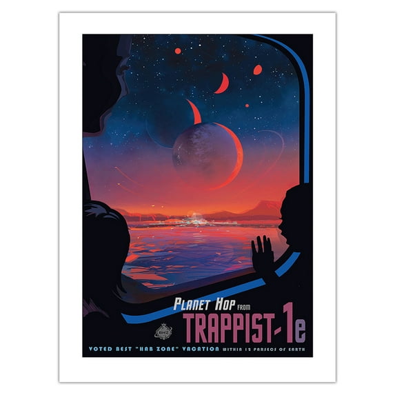 Planet Hop from Trappist-1E - Voted Best Hab Zone Vacation - NASA Exoplanet Travel Poster - Bamboo Fine Art 290gsm Paper Print (Unframed) 18x24in