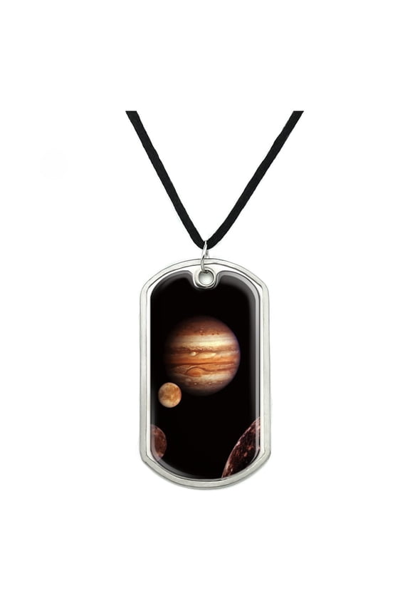 Planet Jupiter With Io Europa Ganymede and Callisto Moons Space Military Dog Tag Pendant Necklace with Cord
