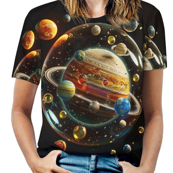 Planet Mars Mercury Jupiter Women's Short Sleeve T-Shirt Crew Neck Casual Summer Trendy Loose Fit Tops