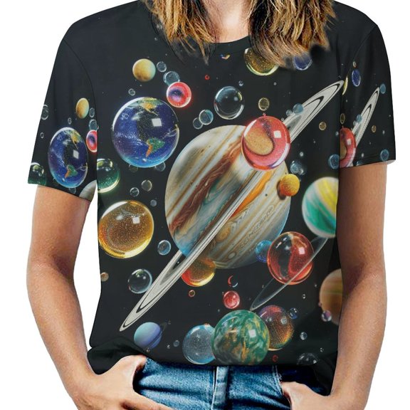 Planet Mars Mercury Jupiter Womens Tops Women's Fashion Casual Short Sleeve Flower Print Round Neck Pullover Top Blouse