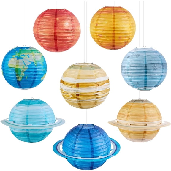 Planet Paper Lanterns Set Of 8 Solar System Hanging Ornaments With Saturn Earth Jupiter And Mars Designs For Bedroom Ceiling Party Decor(Sky Blue-30Cm)