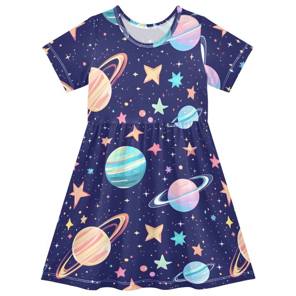 Planet Pattern Girls Short Sleeve Dress A Line Sun Protection Breathable Comfort Sundress 3T