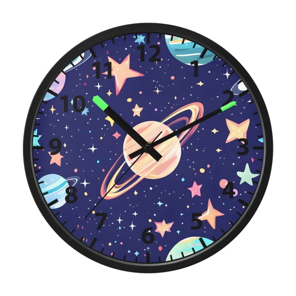 Planet Pattern Wall Clock 12 Inch Voice Activated Night Light Silent Non Ticking