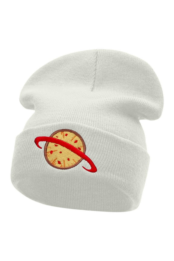 Planet Pizza Embroidered 12 Inch Long Knitted Beanie - White OSFM
