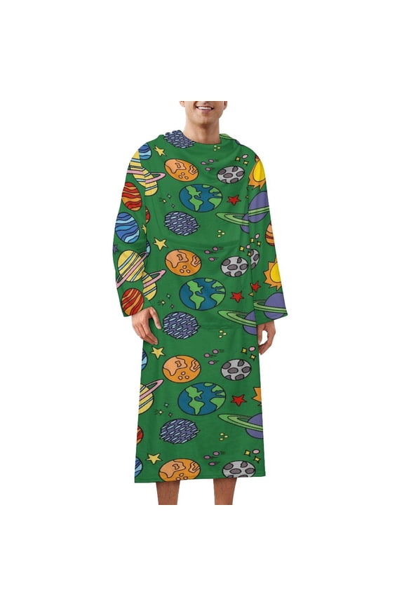 Planet Print Space Earth Astronomy Science Green Bathrobe Plush Bathrobe Cozy Unisex Winter Bathrobe Warm Water Absorbent