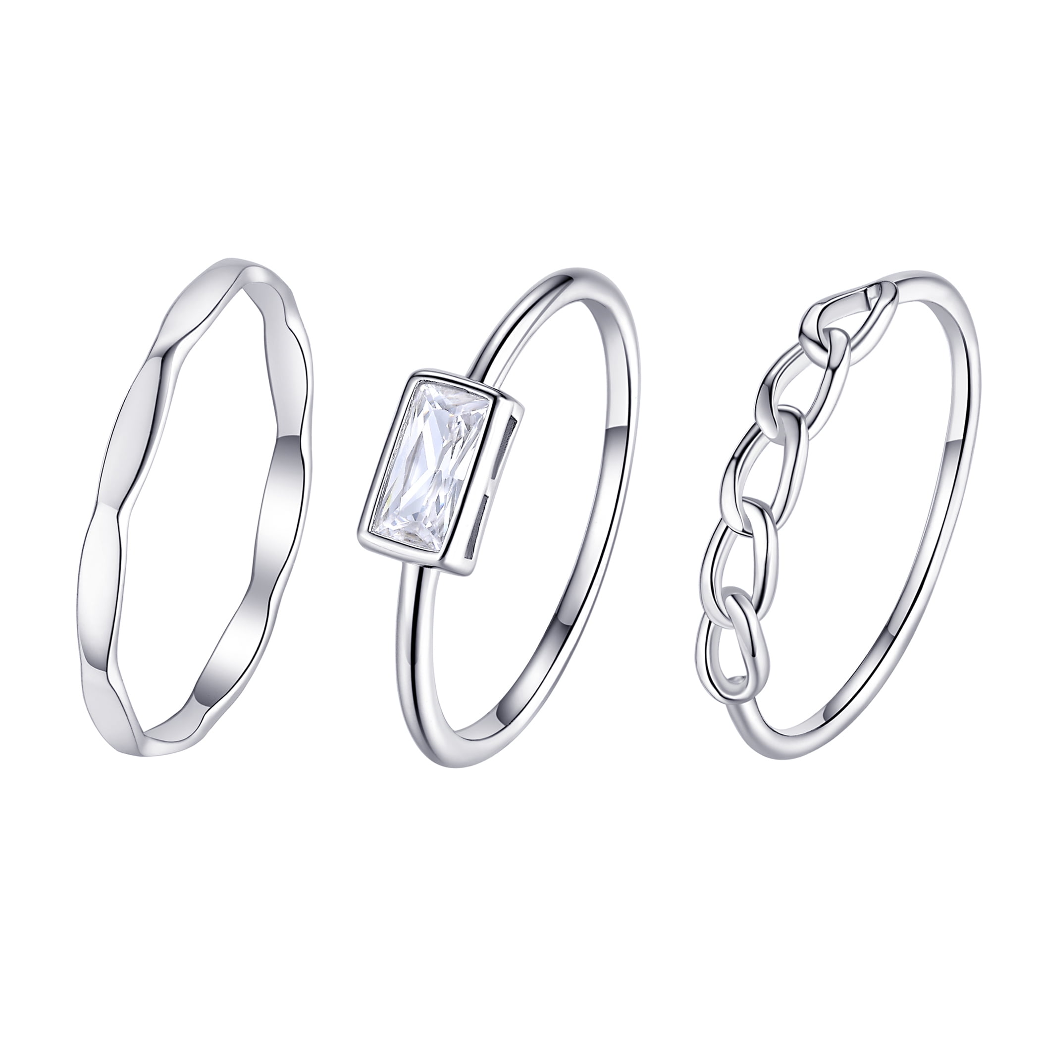 Planet Pure Women's Simulated Diamonds Trio Ring Set in Recycled Sterling Silver in Size 8