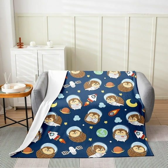 Planet Rocket Bed Blanket,Cute Cartoon Hedgehog Animal Flannel Blanket for Room Decor,Starry Sky Astronaut Fleece Blanket for Kids,Super Soft Blanket,Throw 50"x60"
