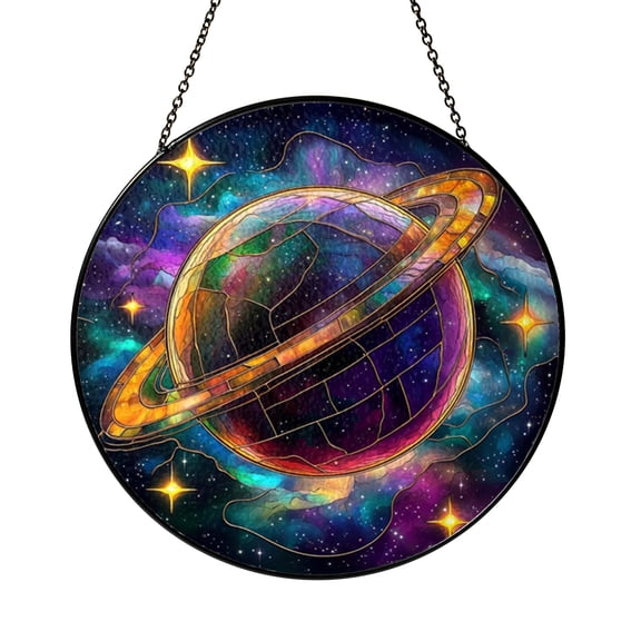 Planet Saturn Stained Glass Suncatcher Window Hanging, Colorful Ringed Planet Art Glass Panel with Stars, Cosmic Space Design Decorative Window Ornament for Celestial Home Gift