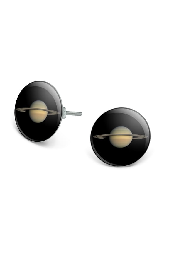 Planet Saturn with Rings Solar System Novelty Silver Plated Stud Earrings