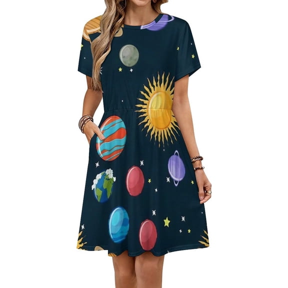 Planet Set Dress Summer Street Style Dresses Female Short Sleeve Printed Sundress