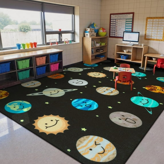 Planet Smiley Face Classroom Rug, Washable Educational Daycare Rug For Kids Room Seating, Non-Slip Classroom Rug Teacher Rug For Teaching And Playroom 1x2ft