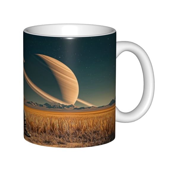 Planet Space Landscape Ceramic Coffee Mug 11oz, Sci-Fi Saturn and Alien Wheat Field Ceramic Tea Cup for Astronaut Space Lovers Office Home
