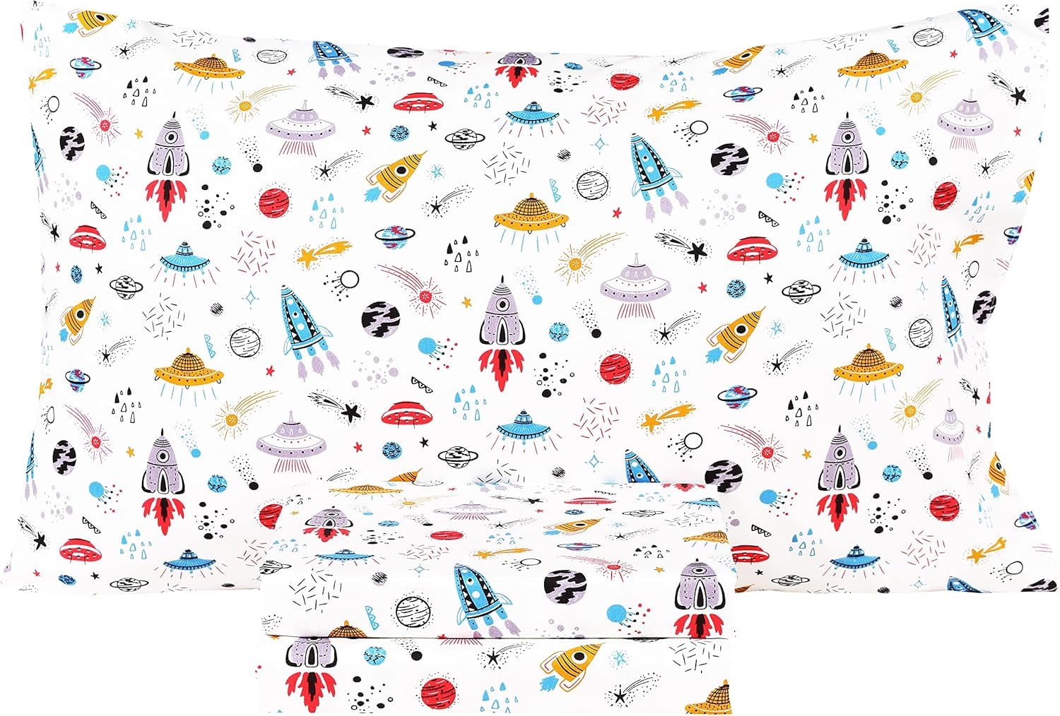 Planet Spaceship Rocket in Universe Cotton Cozy Twin Bed Sheet Set with ...