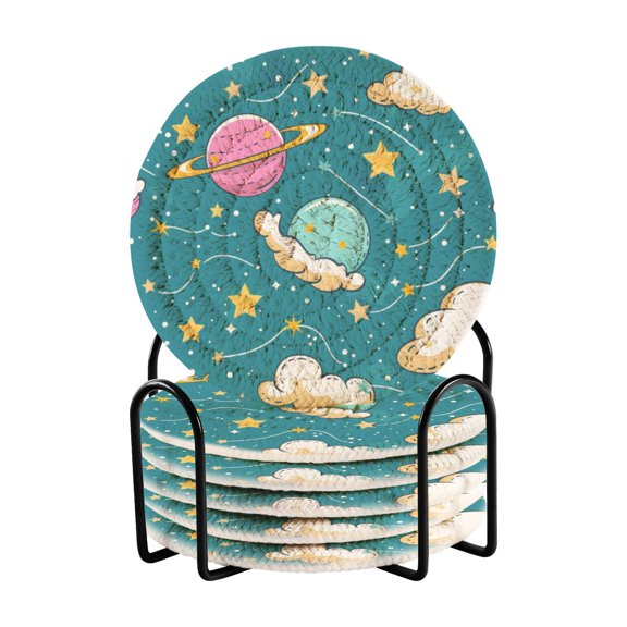 Planet Star Cloud Coasters with Holder for Coffee Table 6 Pcs Drink Coaster Sets Absorbent for Home Decor 4 inch