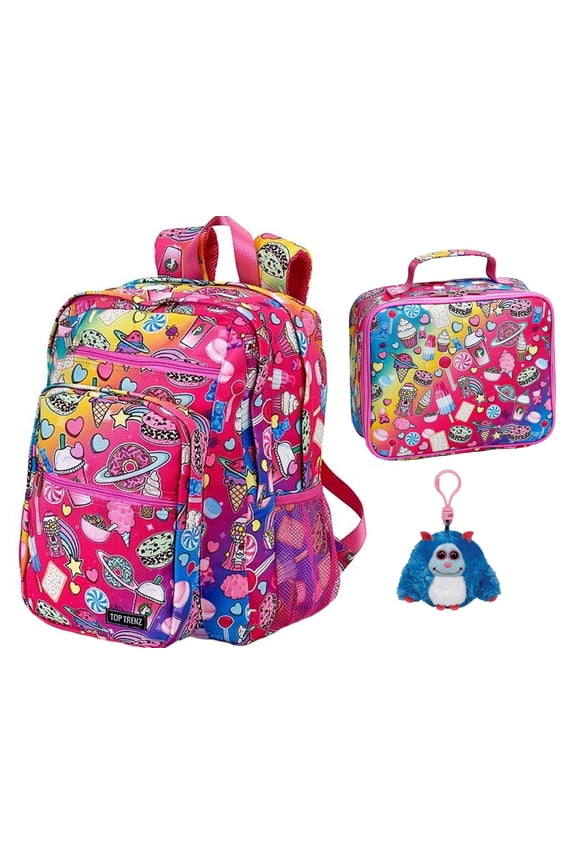 Planet Sweets Large Backpack, Lunch Tote & Plush Bag Clip Bundle Set Book Bag, Lunchbox