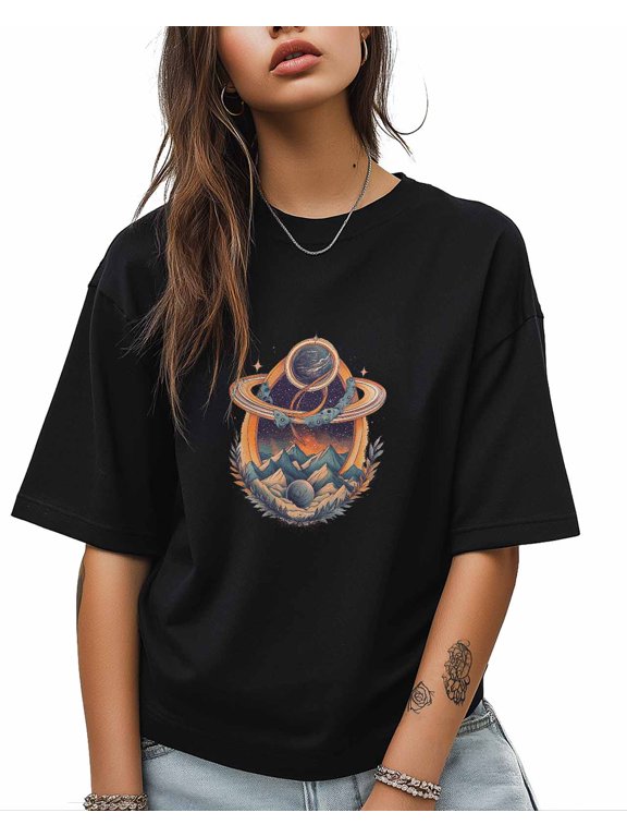 Planet T Shirts for Women Short Sleeve Cotton Crewneck T-Shirt Cartoon Romantic Tee Tops Casual Basic T-Shirts, XS-5XL Black XS