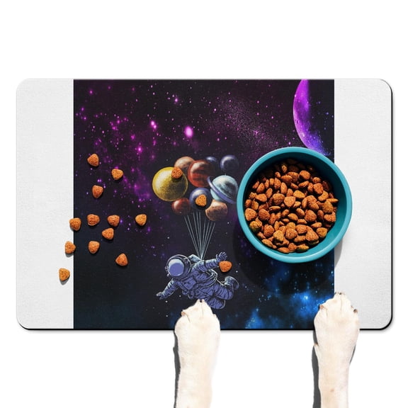 Planet Themed Dog Feeding Mat, Cosmic Themed Pet Food Mat, Waterproof Non-Slip Bowl Pad, Multi-Layer Absorption
