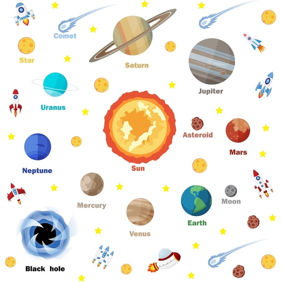 Planet Wall Art Decals 45.7x15.7 Inch Solar System Stickers Planet Decals Space Wall Mural Black Holes Moon Spacecraft Earth Peel Stick Art Decor for Home Livingroom Bedroom Decoration Colorful