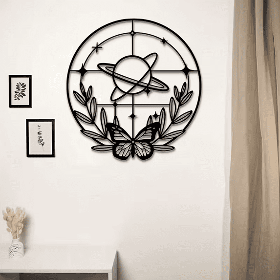 Planet and Butterfly Metal Wall Decor, Black Celestial Art for Indoor Outdoor Home Display