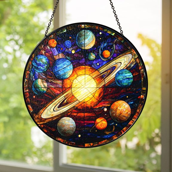 Planetary Rings Solar System Stained Glass Suncatcher Space Window Hanging, Galaxy Planets Glass Panel, Astronomy Lover Home Dcor