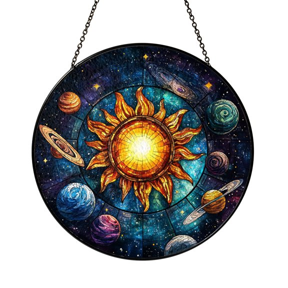 Planetary Space Scene Stained Glass Style Suncatcher – Round Window Hanging