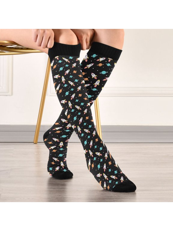 Planetary Spaceships Stars Cartoon Compression Stockings Knee High Socks Unisex 1 Pair