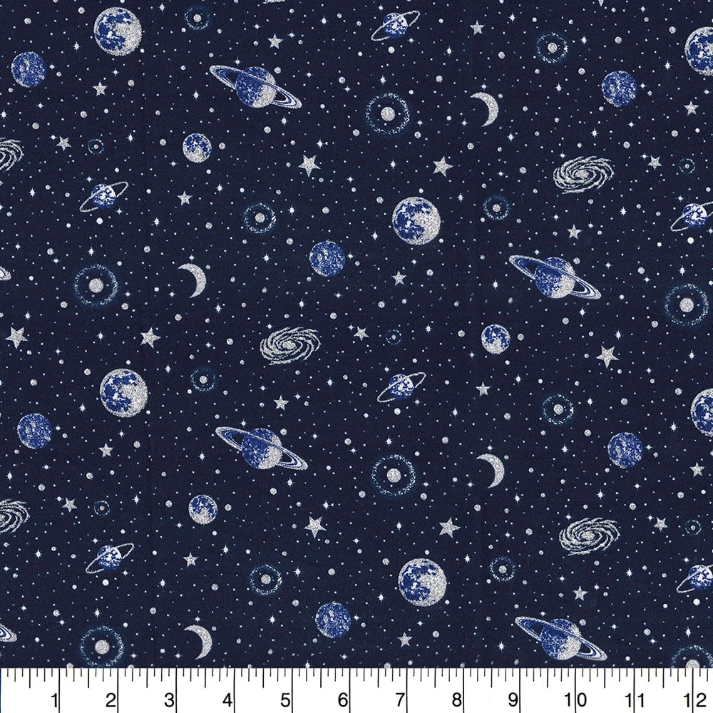 Planets 44" 100% Cotton Fabric With Glitter One-Yard Precut, Navy Blue