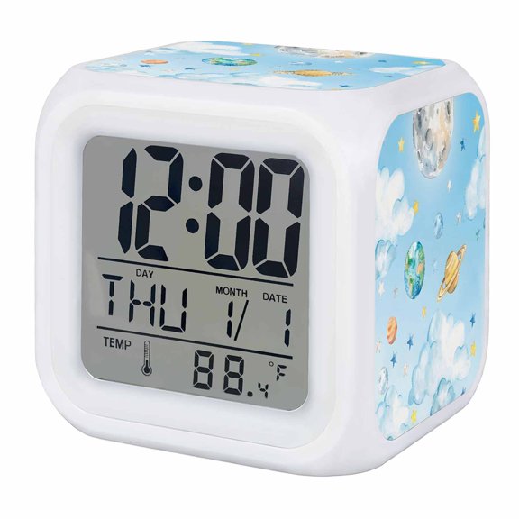 Planets Alarm Clock, Earth Moon Yellow Star Clouds Dreamy Digital Clock Night Light with 7 Color, Calendar Temperature Display, LED Desk Small Clock for Bedrooms Bedside Living Room